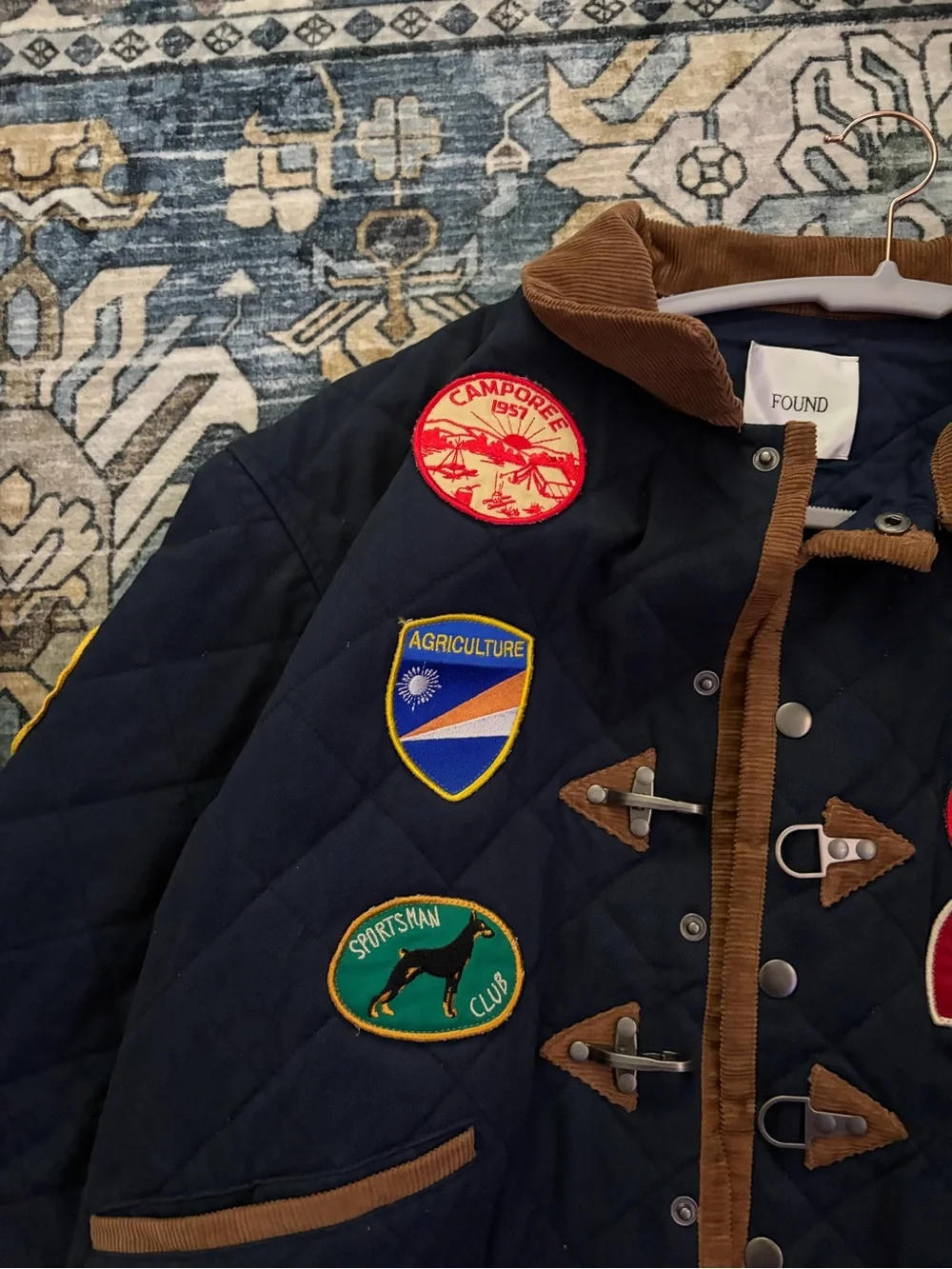 Found Quilted Navy Field Jacket with Brown Trim and Patchwork